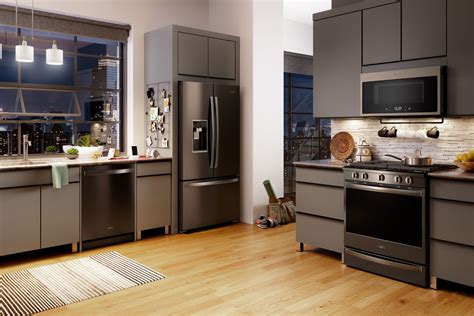 black stainless steel kitchen appliances with wood cabinets|cabinet colors with black appliances.